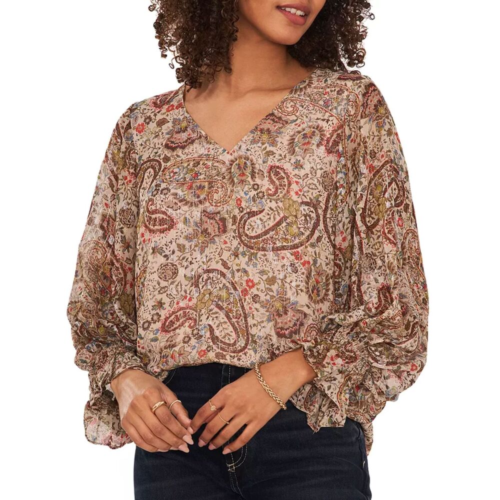 Vince Camuto Paisley Print Blouson Sleeve V-neck Blouse Brown Size M